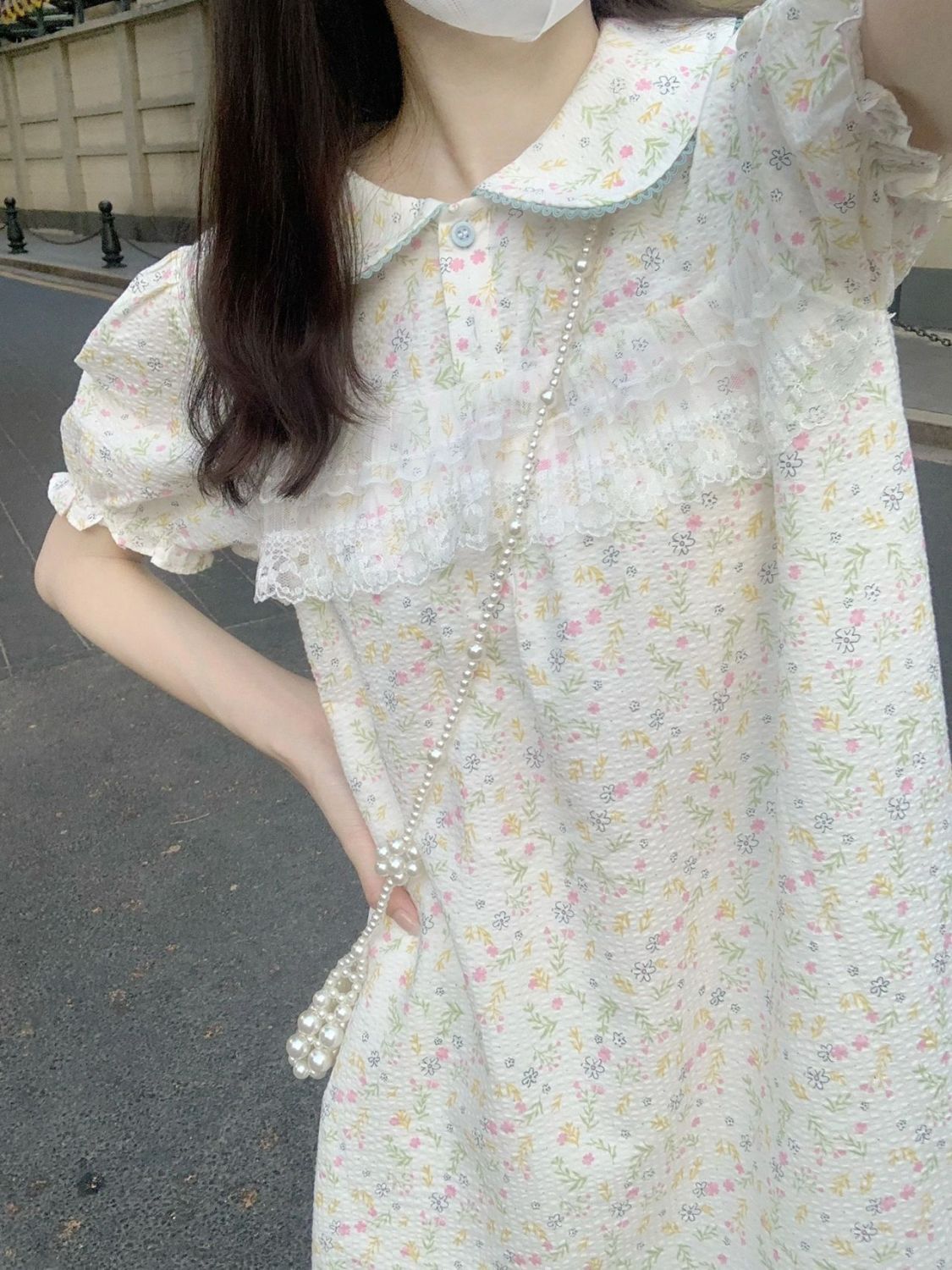  Summer New Small Fresh Doll Collar Floral Dress Female Loose Sweet Puff Sleeve Short Skirt