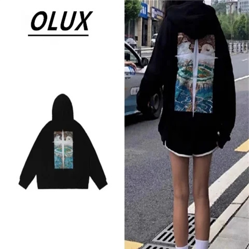 OLUX國潮美式復古印花連帽衛衣女秋冬季寬鬆時尚加絨情侶長袖外套