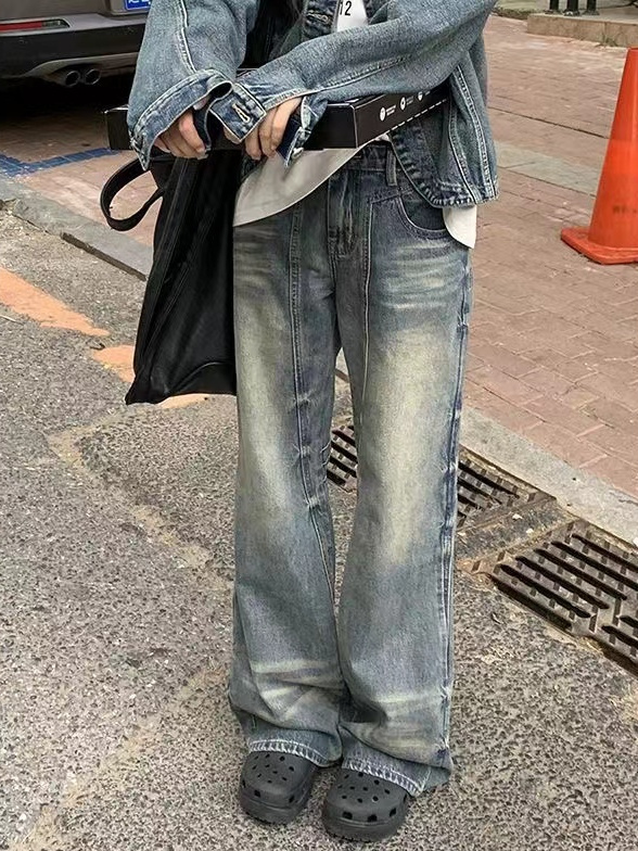 美式高街復古高腰直筒牛仔褲女秋季設計感寬鬆顯瘦闊腿拖地褲ins