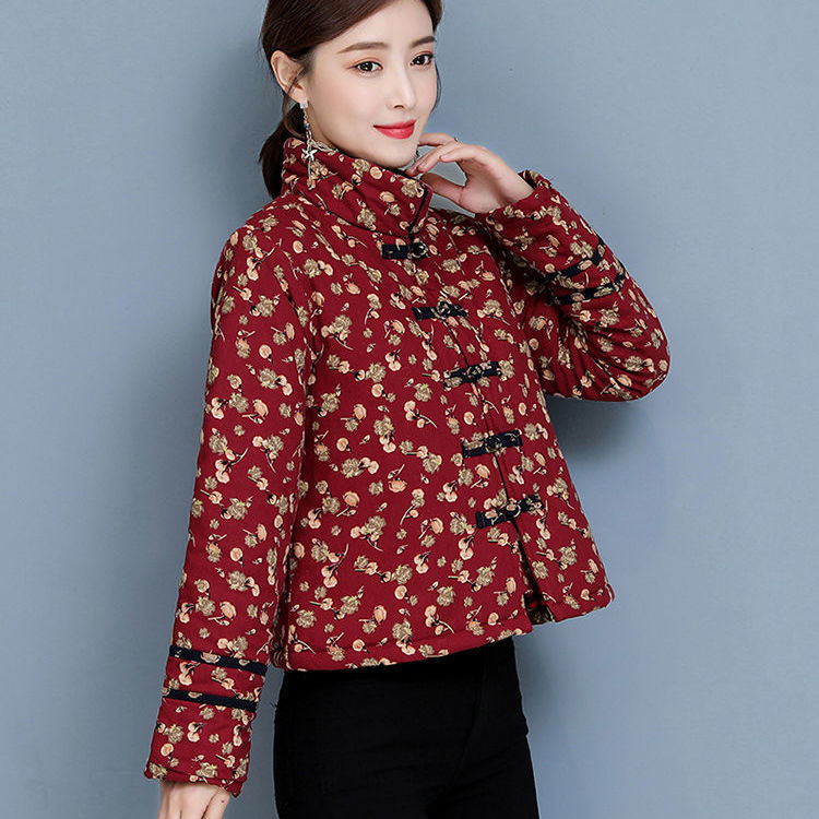 Tang suit floral small padded jacket Chinese style retro buckle warm jacket autumn and winter ethnic style padded thick cotton coat