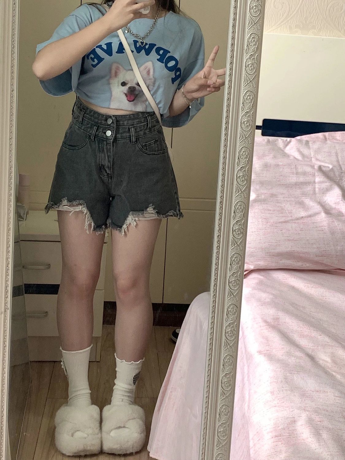 Large size washed retro denim ripped shorts female fat mm all-match slim high waist casual straight loose wide leg pants