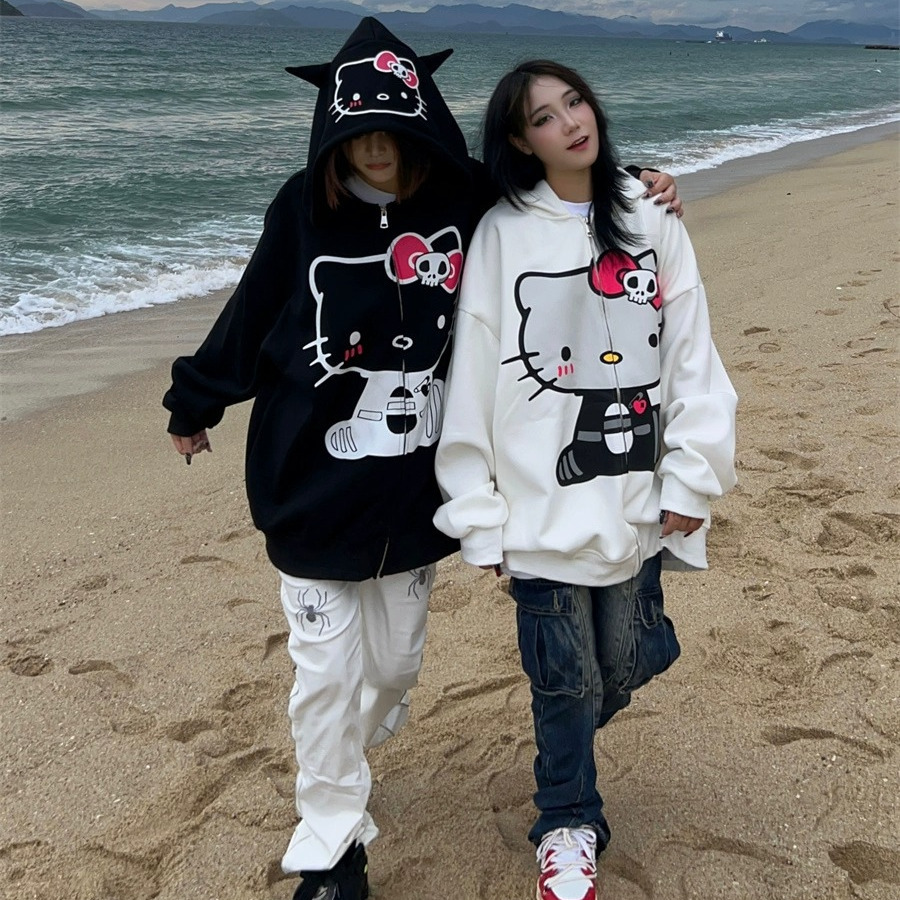 美式新款可愛哈嘍Kitty凱蒂貓連帽衛衣女秋季學院風情侶開衫外套