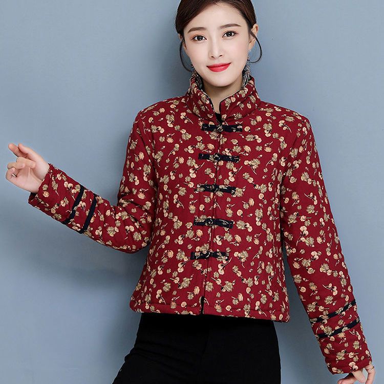 Tang suit floral small padded jacket Chinese style retro buckle warm jacket autumn and winter ethnic style padded thick cotton coat