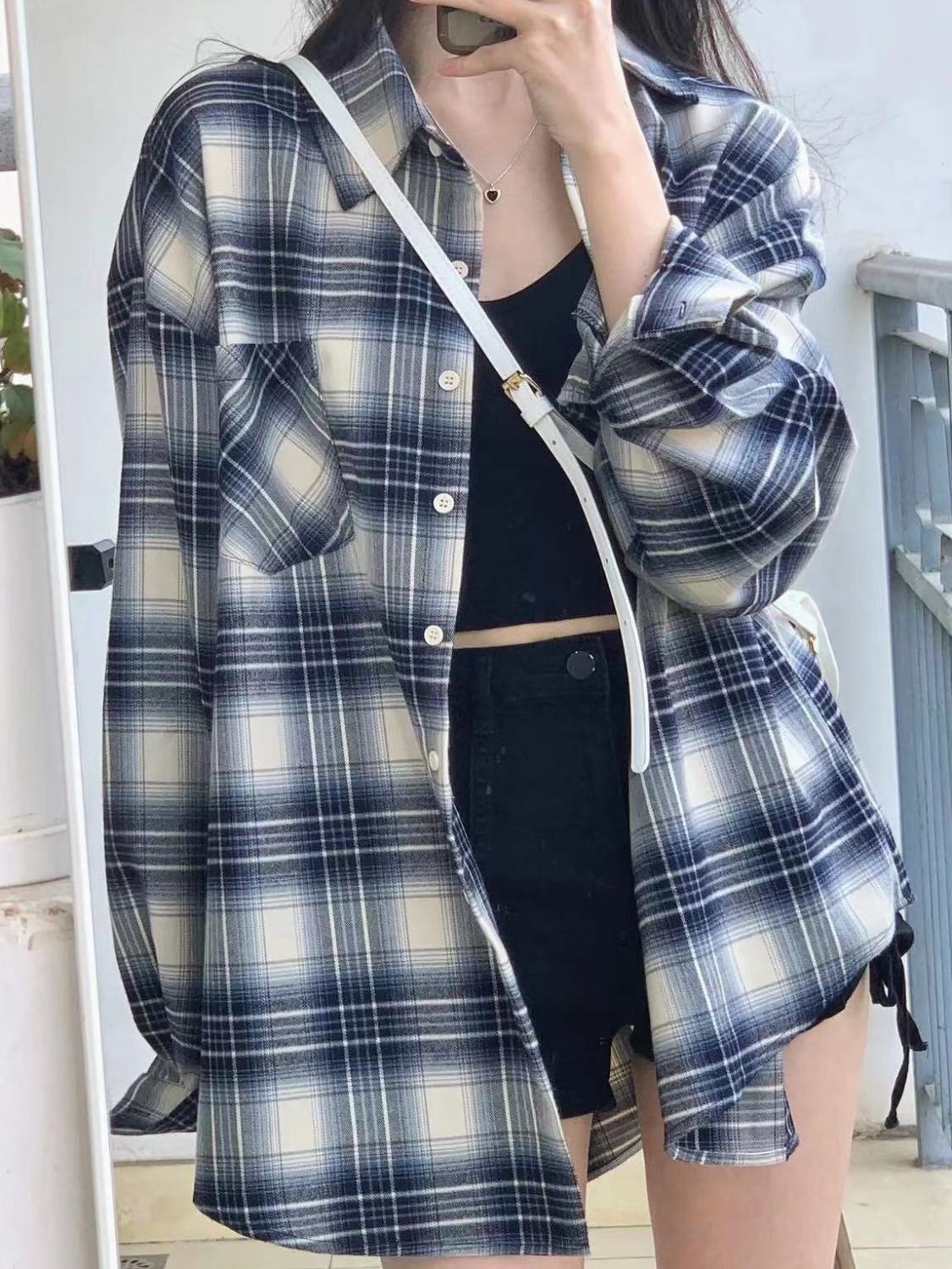 春夏格紋襯衫女學生外穿港風復古上衣寬鬆慵懶風中長款襯衣防曬衫