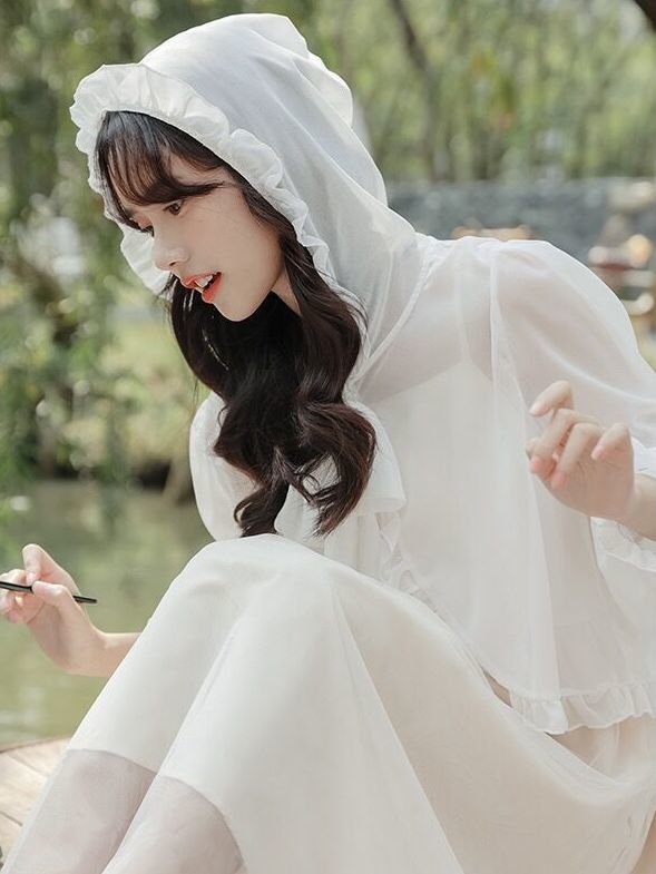 Super fairy hooded sunscreen cardigan jacket women's summer  new style shawl blouse with suspender skirt