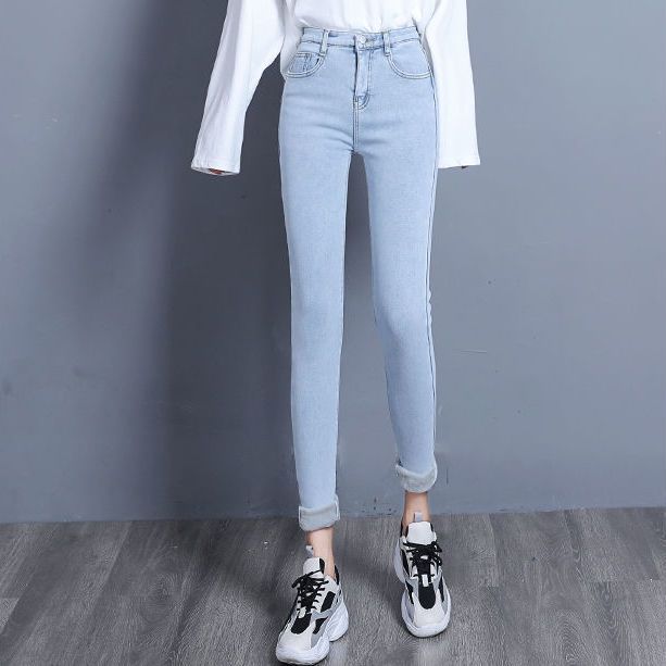 105899-一体绒加厚绒牛仔裤女2021寒冬发热弹力九分小脚修身浅色休闲长裤-详情图
