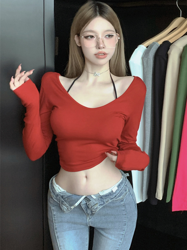 純欲風v領紅色復古長袖T恤女秋季辣妹修身彈力短款內搭打底衫上衣