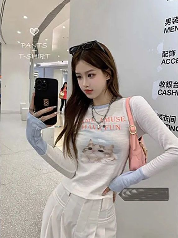 2023辣妹風貓咪字母印花長袖T恤女裝早秋修身顯瘦打底衫上衣