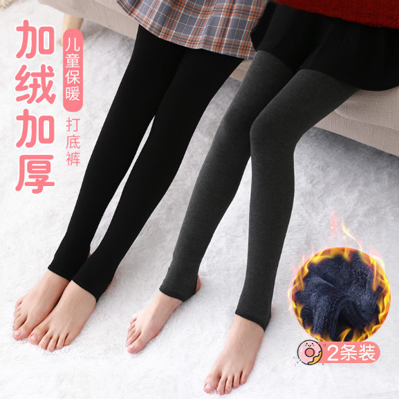兒童連褲襪秋冬季薄絨款一體中厚黑色踩腳外穿女童打底褲加絨加厚
