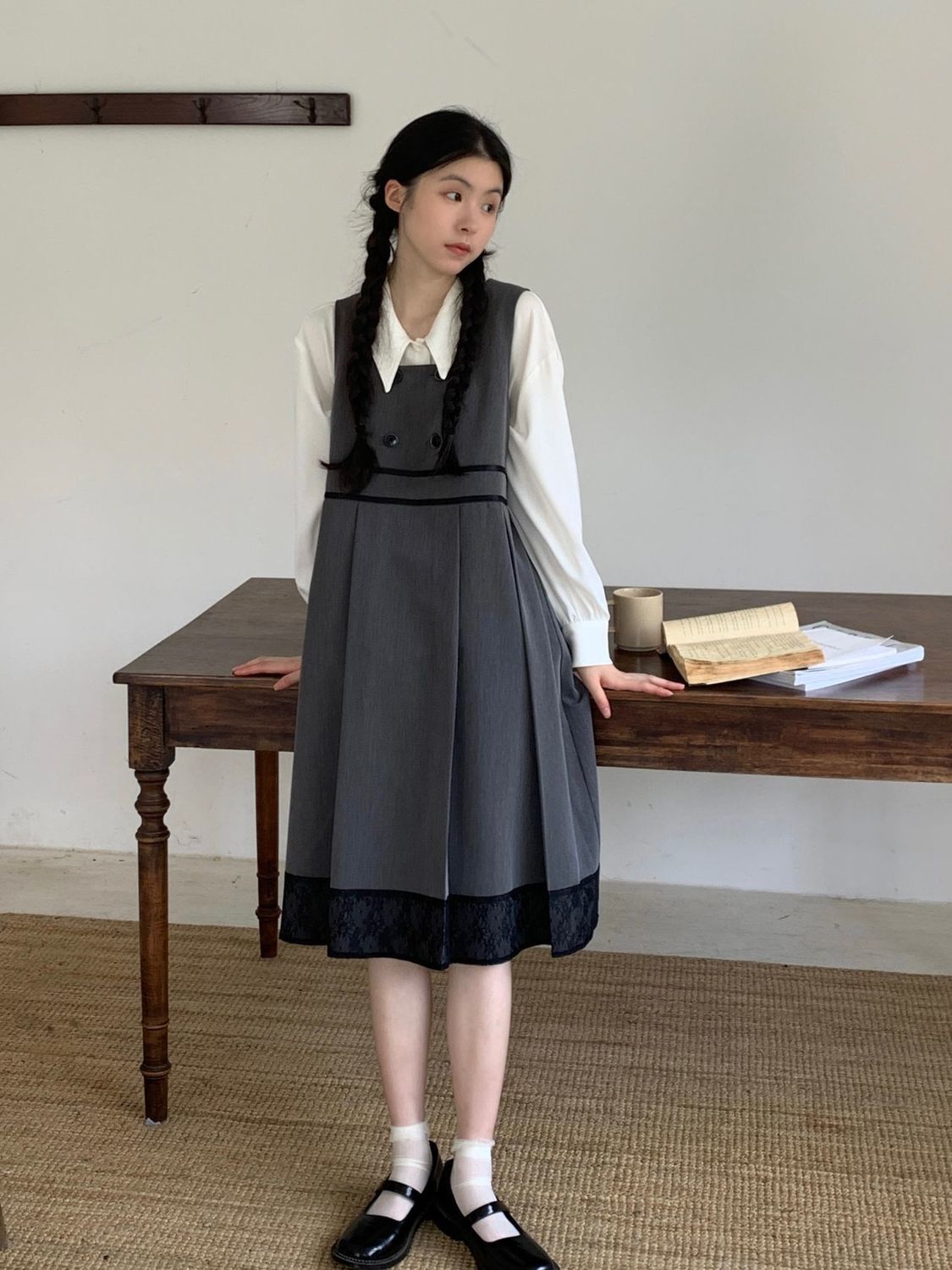 兩件套裝/單件秋季日系學院風拼接百褶護奶裙連衣裙女+長袖襯衫潮