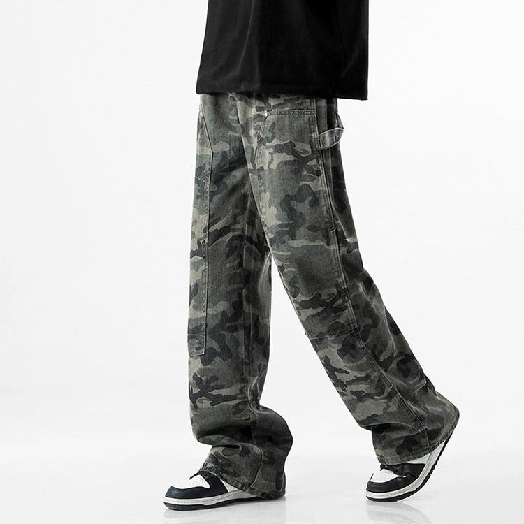 American fashion camouflage casual pants men's autumn retro hiphop straight overalls army green wide-leg mopping pants tide