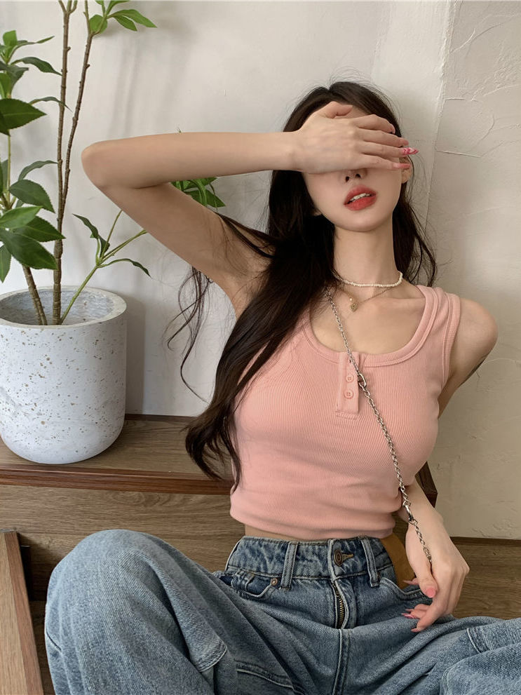 Pink Hot Girl Camisole for Women with Bottoming and Beautiful Back Summer Sweet and Spicy Style Outerwear Short U-neck Racer Top