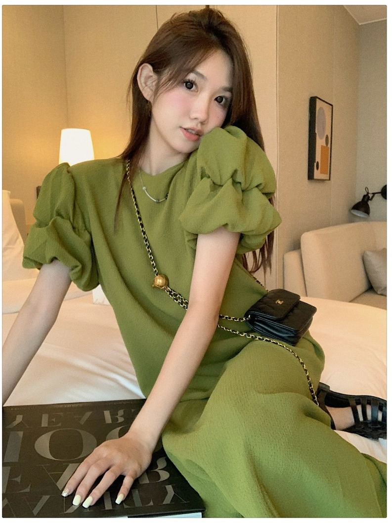 Fat mm large size summer dress green dress women cover belly Korean version of positive shoulder foreign style pure desire long skirt 2-300 catties