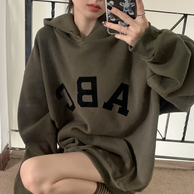 Oversize hooded sweater women's fleece thickened loose Korean letter print student all-match lazy wind jacket