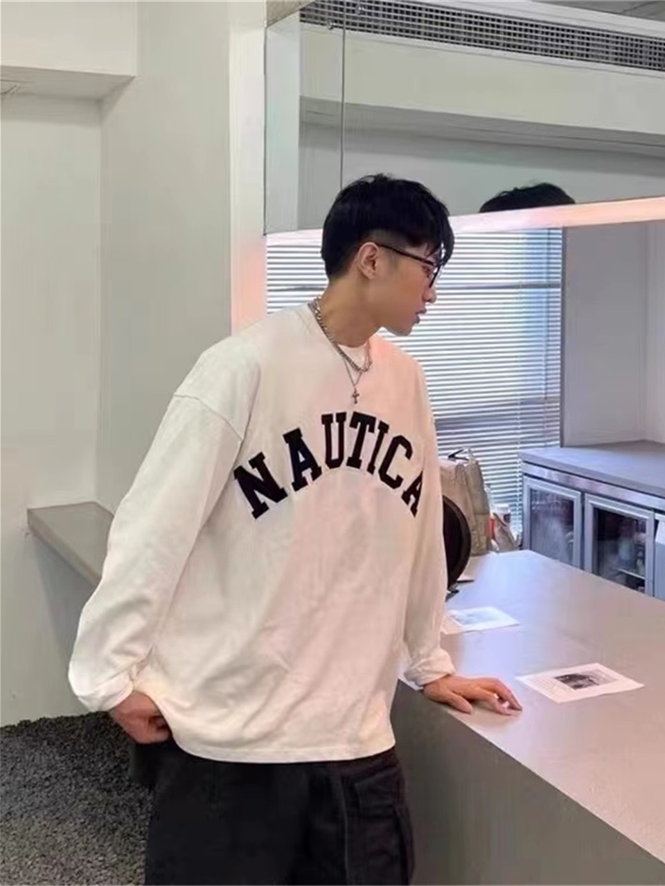 美式復古字母印花圓領長袖T恤男生ins寬鬆秋季純棉重磅上衣打底衫