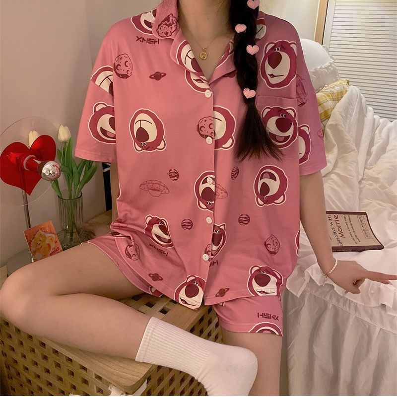 草莓熊睡衣女夏季2023新款卡通可愛學生寬鬆外穿短袖家居服套裝潮