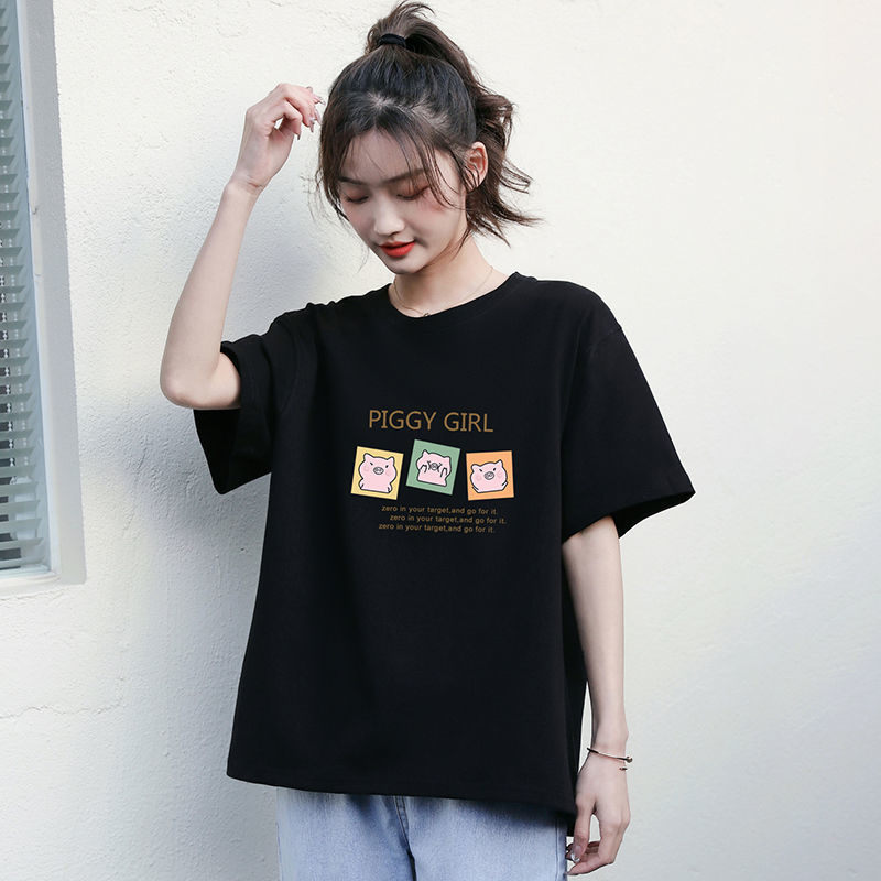 Black T-shirt women's short-sleeved 2023 summer new Korean version of short-sleeved loose slim round neck all-match half-sleeved class service trend