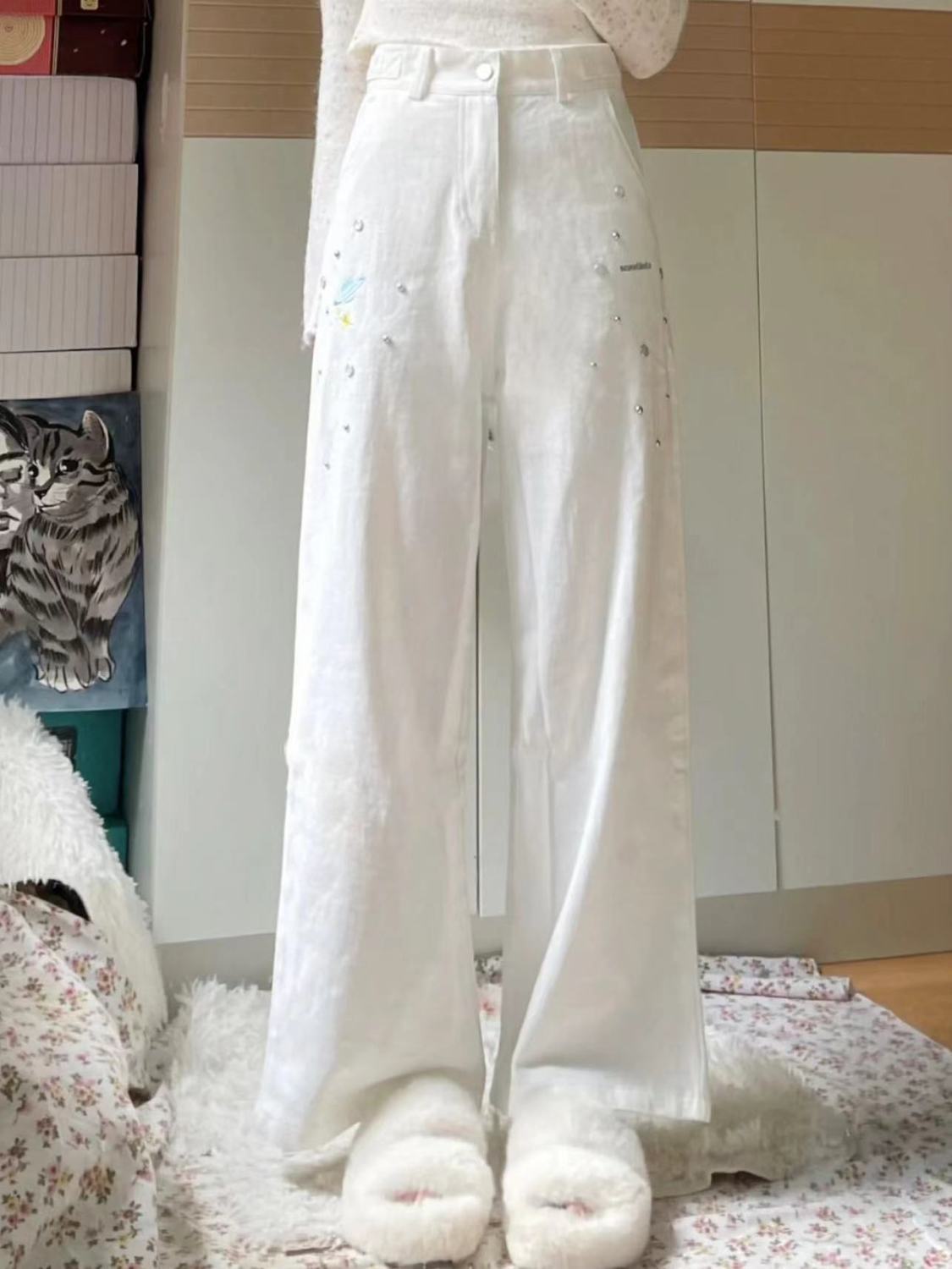 美式高街鑲鑽鉚釘刺繡寶石直筒褲女秋季高腰寬鬆顯瘦闊腿休閒褲潮