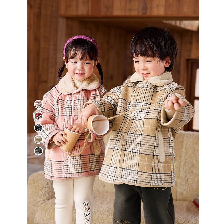 Girls' fashionable plaid jacket, new style, boys' autumn and winter children's Korean style baby velvet motorcycle tops