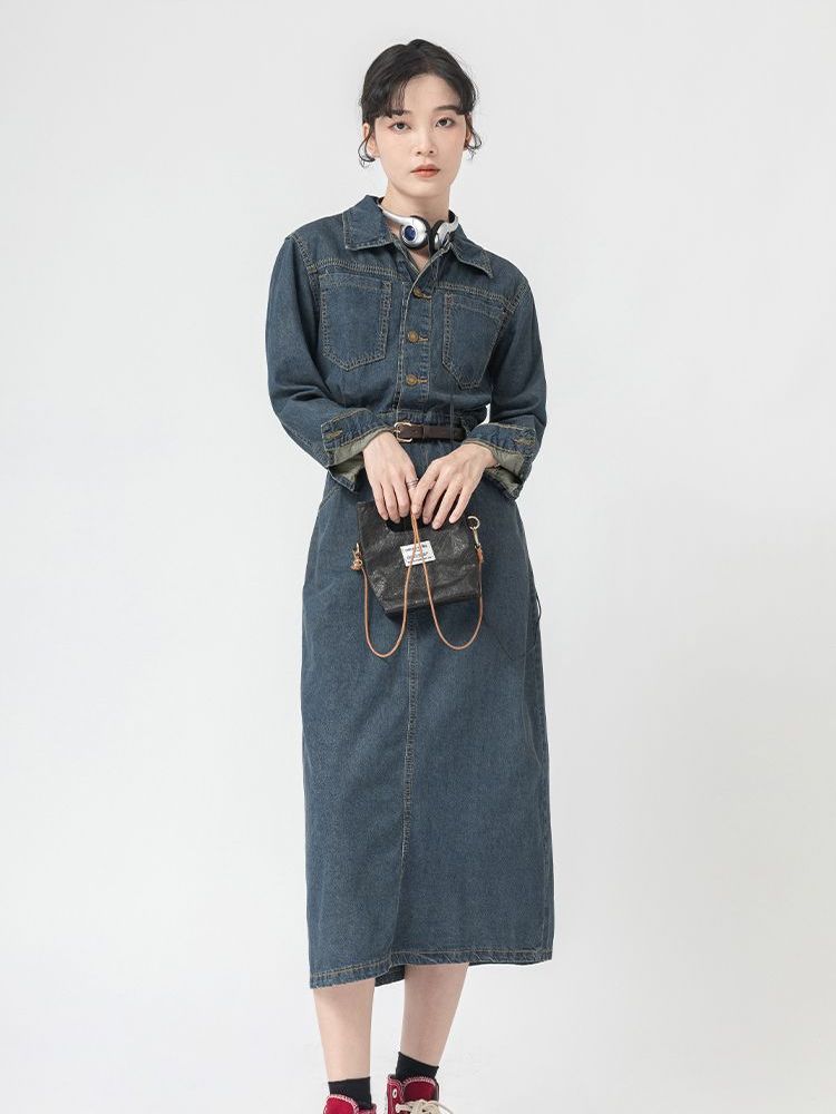 French retro denim dress women's long-sleeved  spring and autumn new waist-length slimming over-the-knee temperament long skirt [shipped within 5 days]