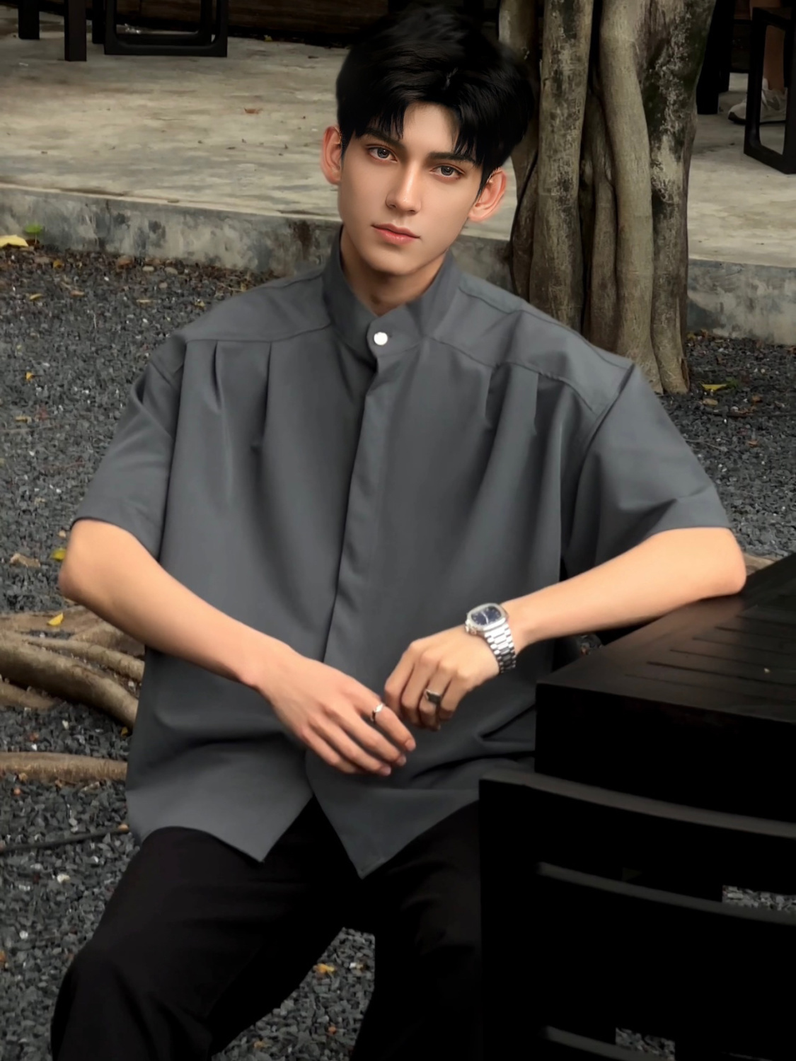 纯黑色新中式衬衫国风男装高级感立领设计感帅气短袖衬衣外套夏季