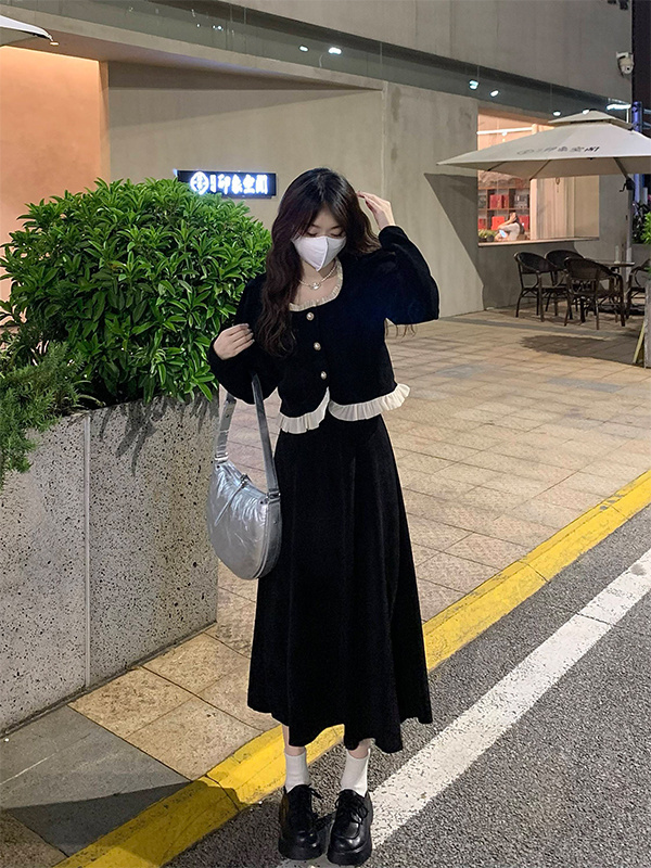 大碼法式復古長袖襯衫女小香風套裝秋季胖MM顯瘦半身裙兩件套裙裝
