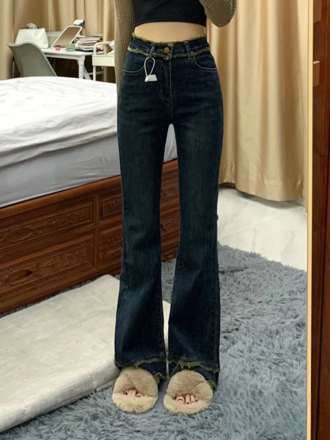 毛邊微喇叭牛仔褲女秋冬大碼胖mm設計感高腰顯瘦彈力復古長褲子