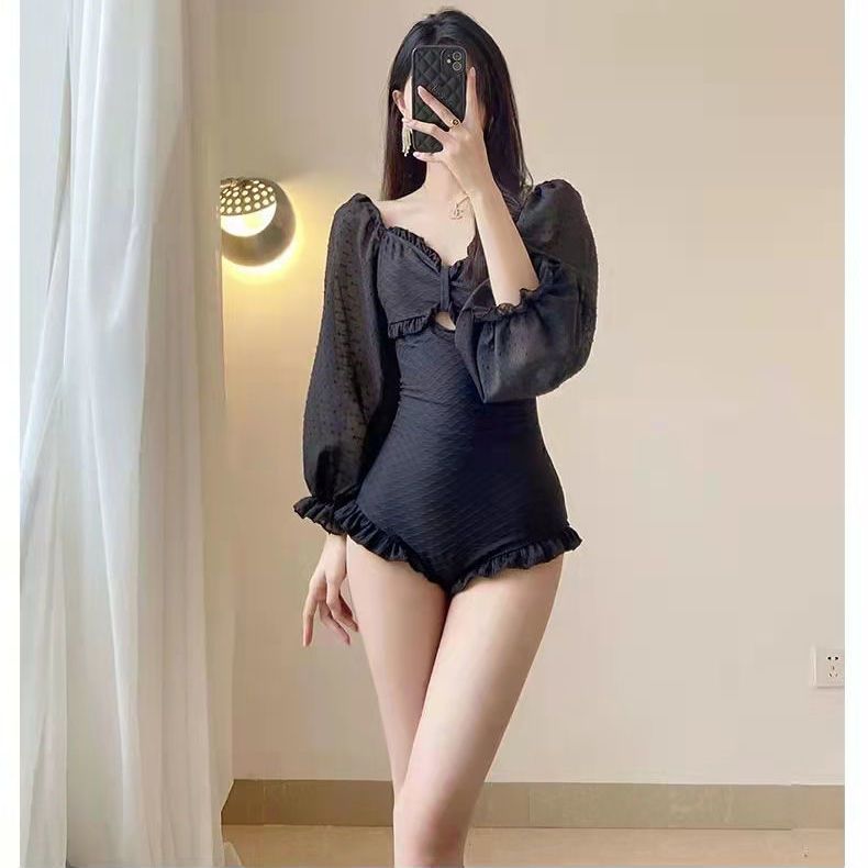 Swimsuit female cover belly slimming retro Korean ins style long-sleeved one-piece swimsuit sexy hot spring senior super fairy