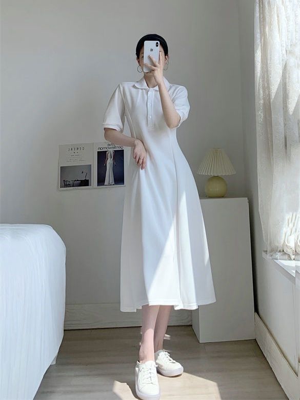 POLO collar short-sleeved dress summer  new waistline slim fashion temperament mid-length A-line skirt ins