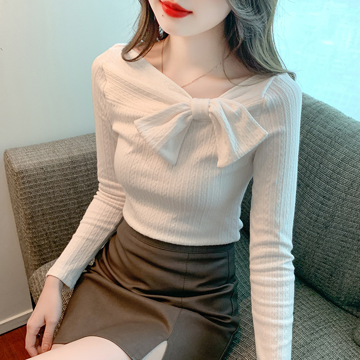 2023 new style French bow v-neck long-sleeved slim-fitting bottoming shirt T-shirt with knitted top underneath