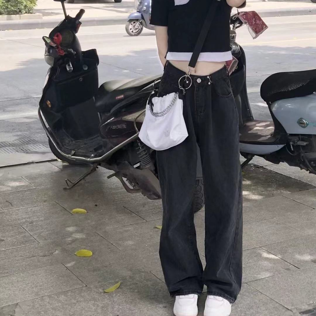 夏季新款黑灰色高腰直筒牛仔褲女學生韓版復古寬鬆顯瘦拖地闊腿褲
