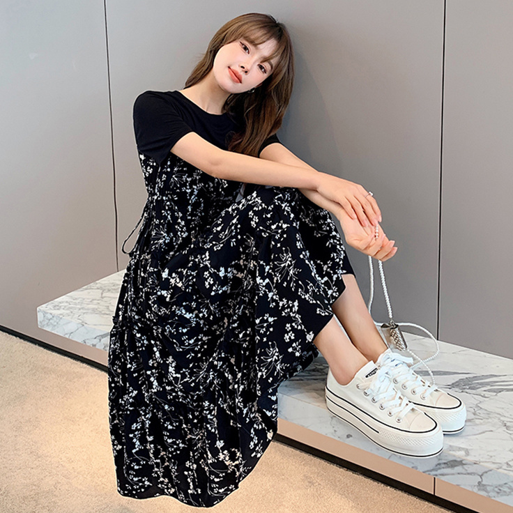 夏季連衣裙女復古甜美修身顯瘦高腰中長款過膝長裙假兩件碎花裙夏