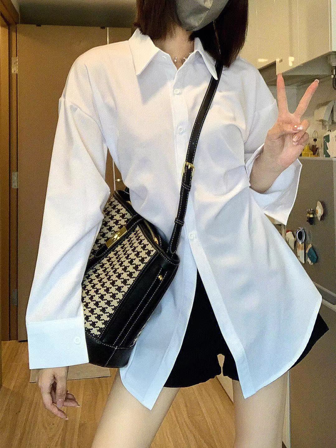 白色收腰顯瘦長袖襯衫女韓版設計感小眾早秋新款百搭純色修身襯衣