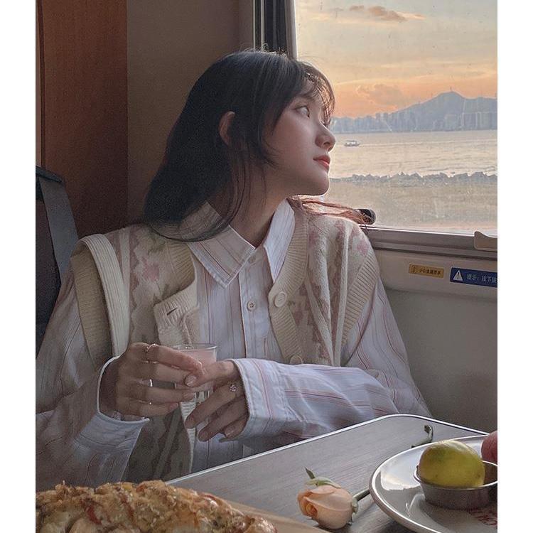 兩件套裝/單件復古外穿毛衣馬甲女春秋百搭疊穿針織開衫+條紋襯衫