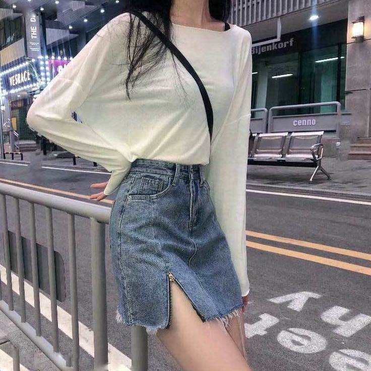 Split denim short skirt for women 2021 new summer large size fat mm Korean style high-waist slim hip-covering A-line skirt
