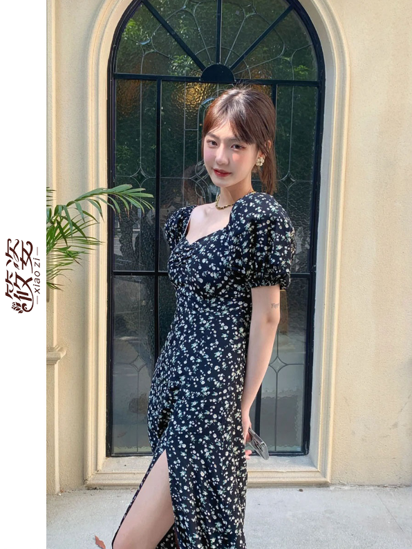 Xiaozi's first love dress with puff sleeves French floral dress women's short-sleeved square collar high slit black tea break skirt