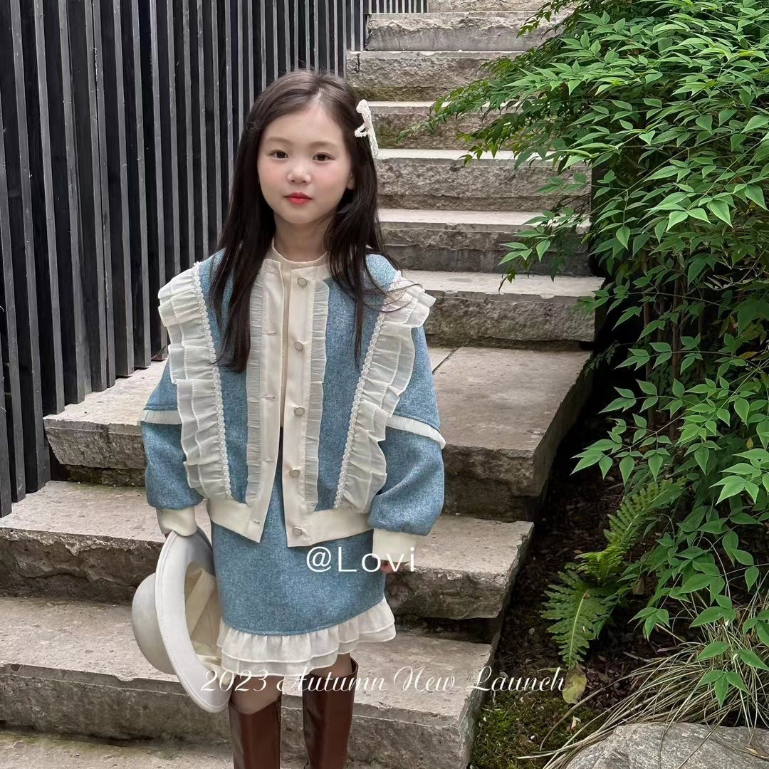女童小香風套裝名媛風炸街小洋裝洋氣兩件套花邊潮童網紅一整套