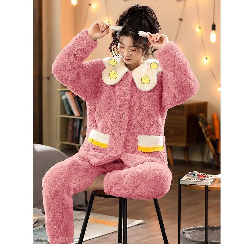 Winter new hooded pajamas women's coral fleece three-layer thickened plus velvet warm quilted flannel home service suit