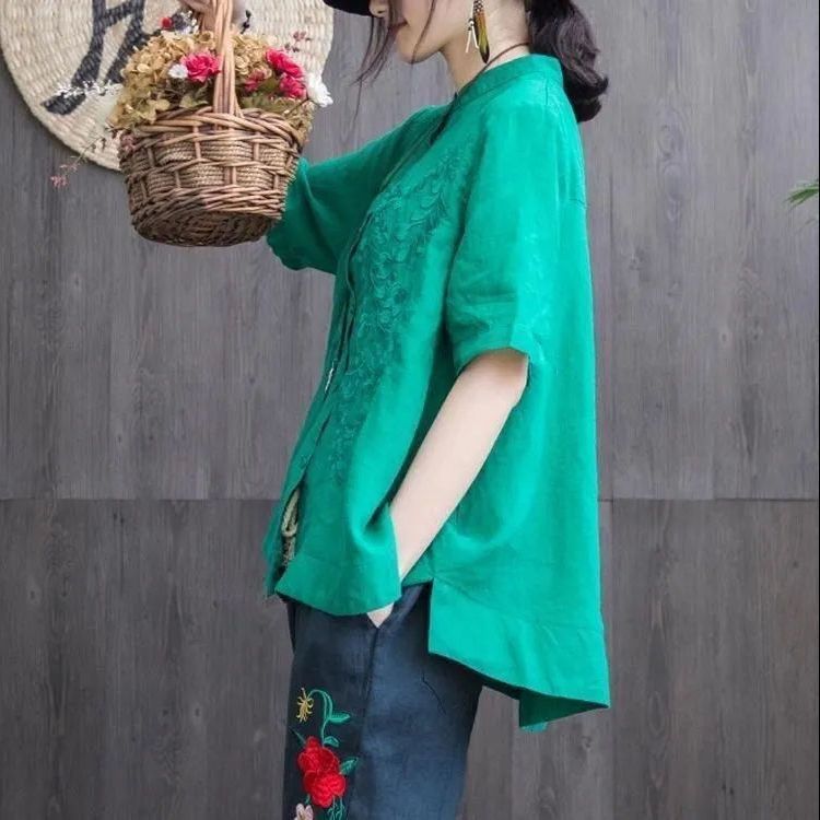 Pure cotton shirt stand-up collar top  literary embroidery loose slimming large size short-sleeved shirt women's imitation linen shirt