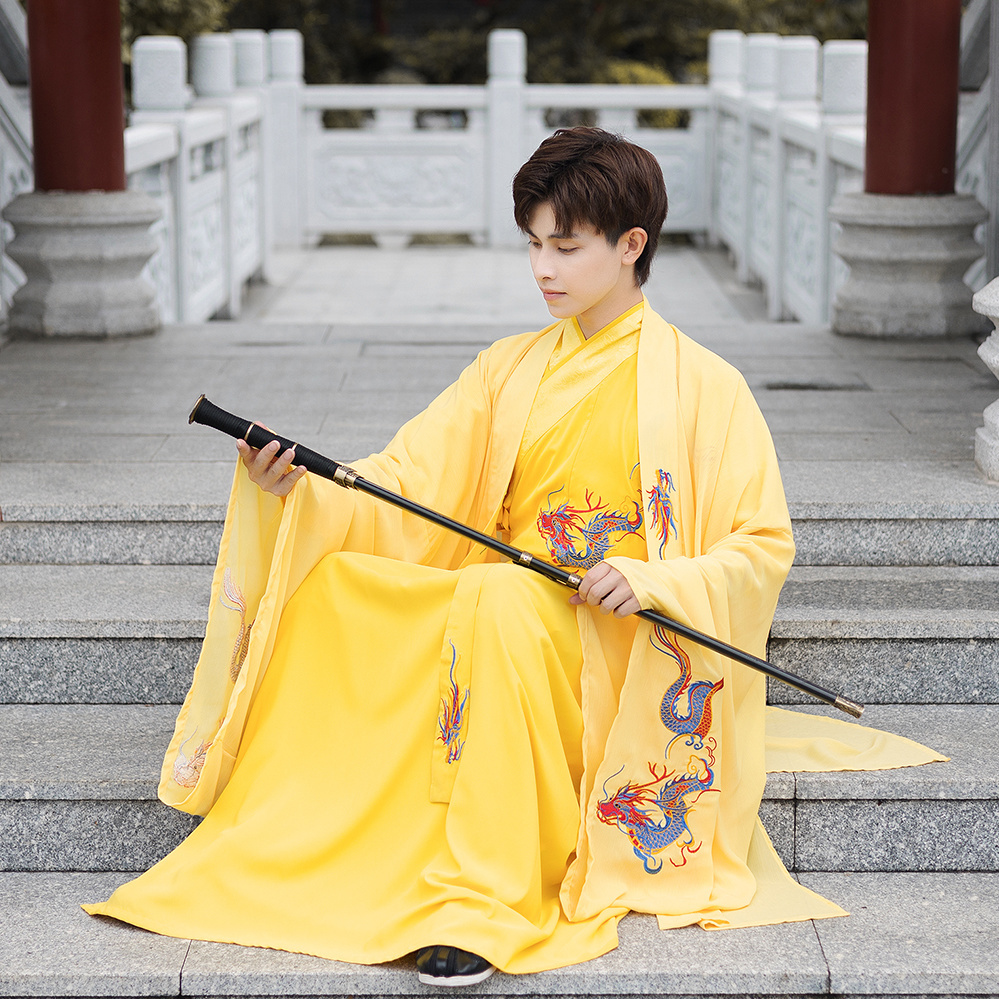 21新款侠客风汉服男装古风男士书生古装中国风学生班服龙袍黄袍 虎窝拼