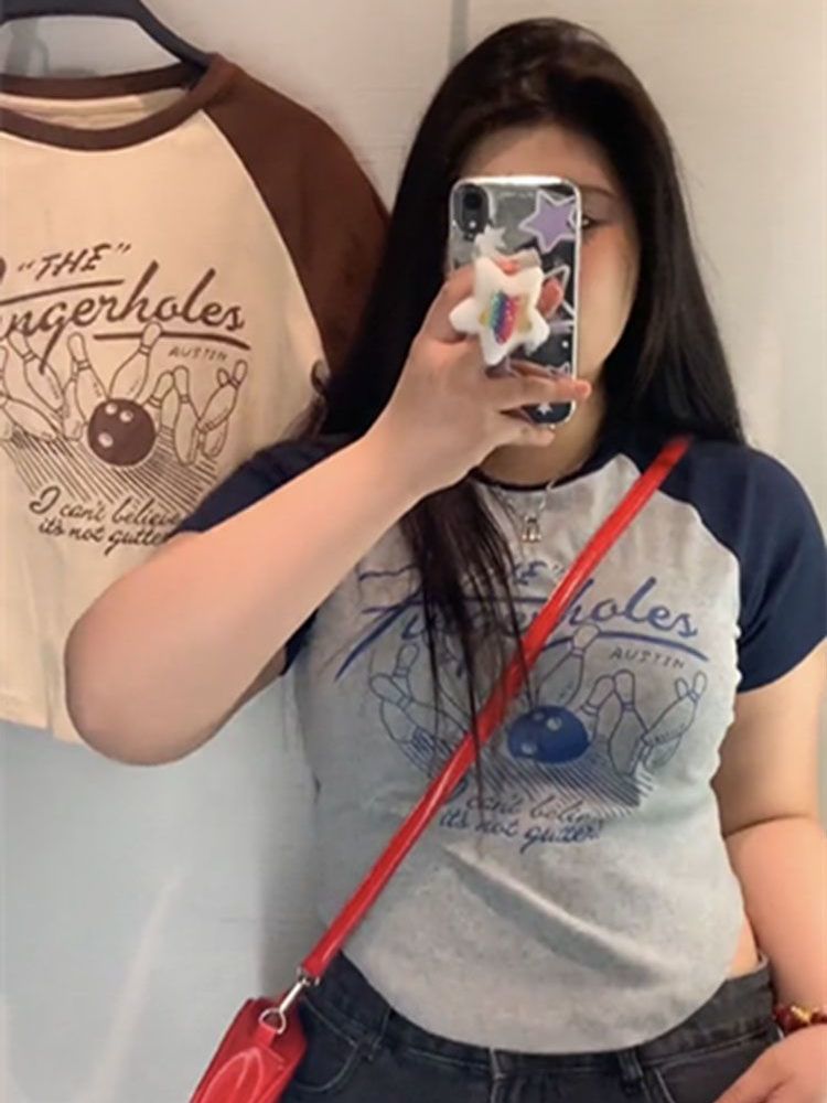 特大碼200斤胖mm美式復古印花短袖T恤女修身顯瘦不規則短款上衣