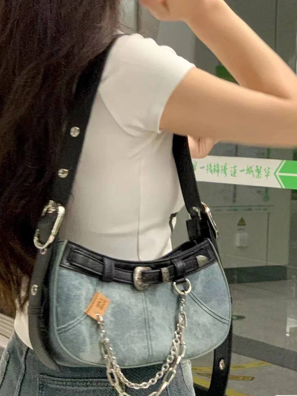甜酷少女感復古牛仔風 小眾原創設計百搭單肩斜挎手拎包