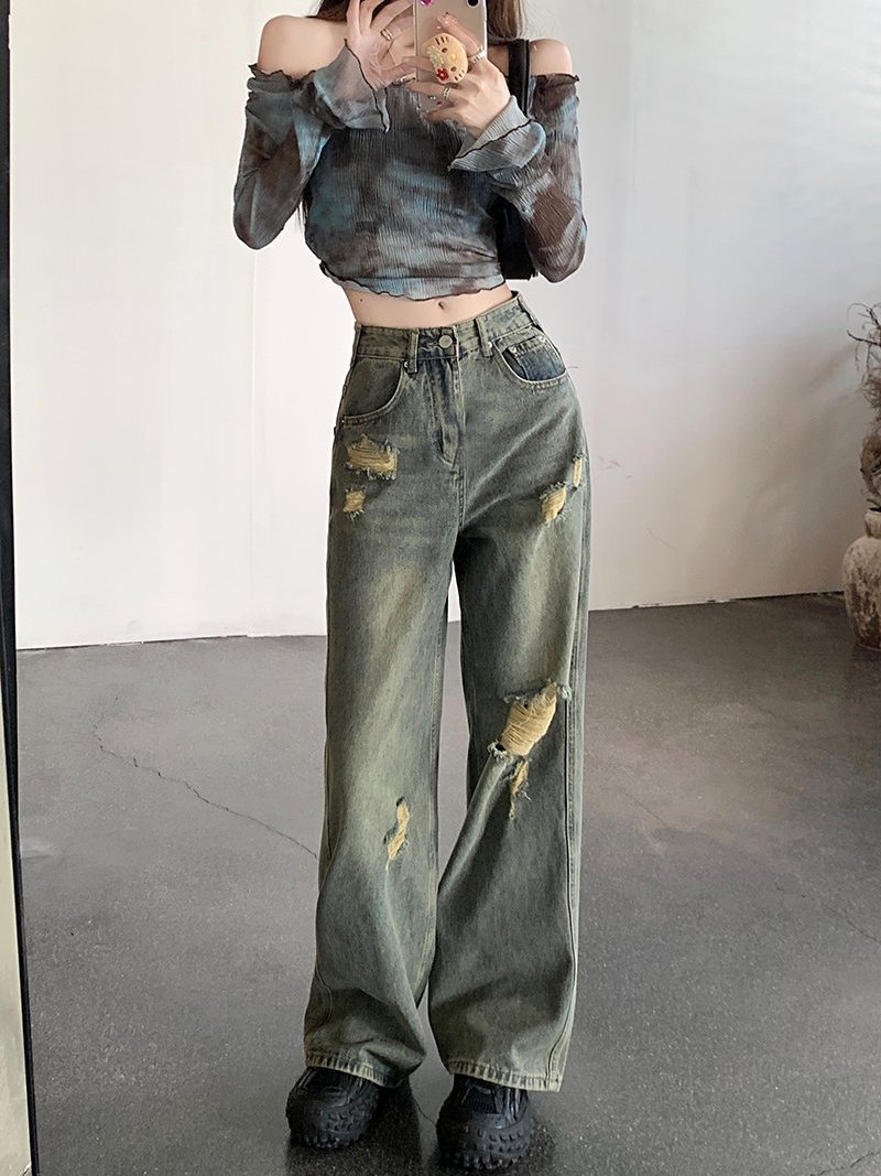 美式復古破洞闊腿牛仔褲女秋季ins新款辣妹小眾高腰直筒拖地褲子