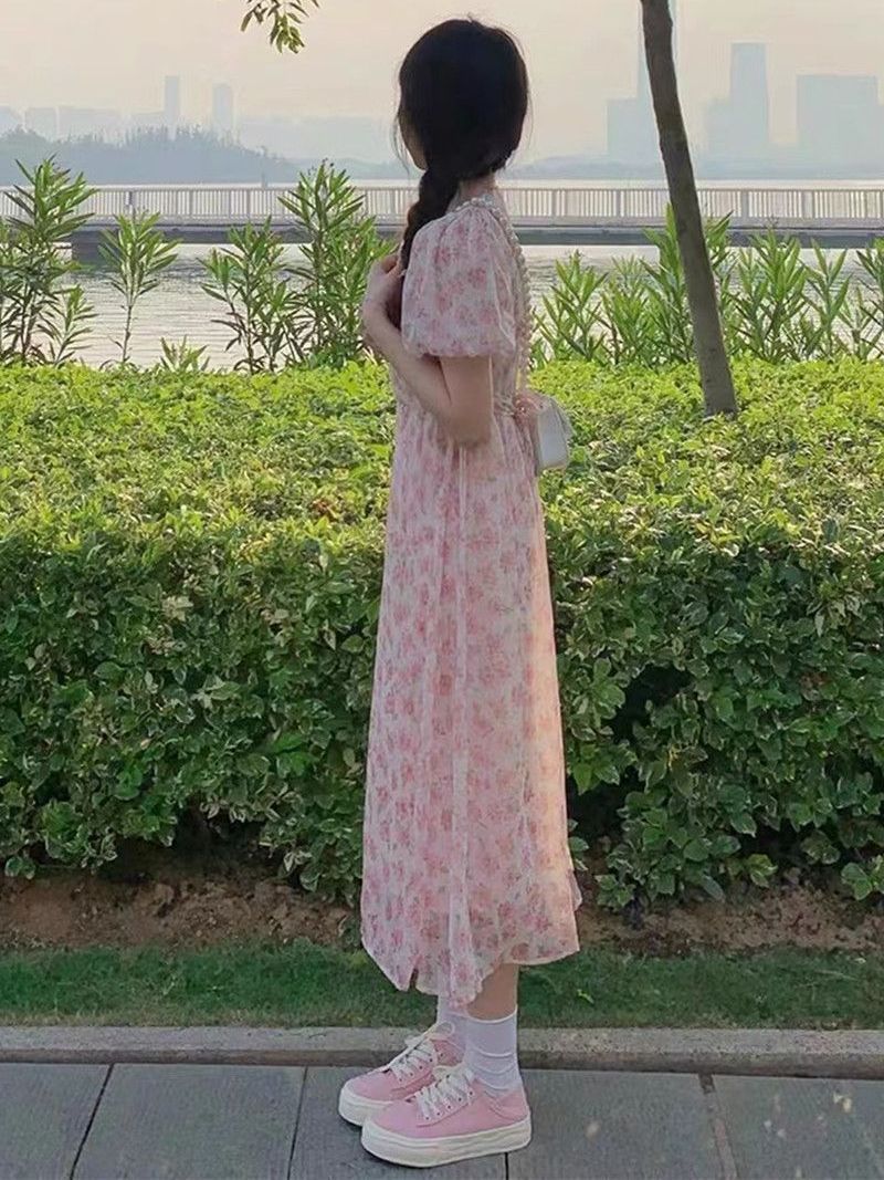 French floral dress women's summer  new retro puff sleeve design sense niche temperament long skirt