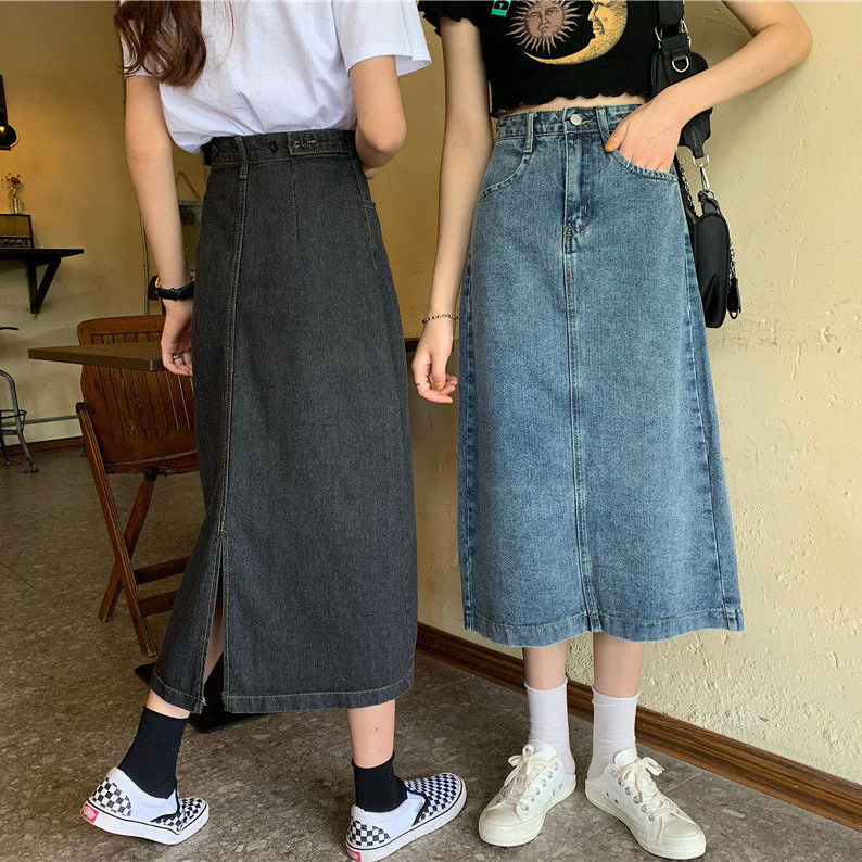 中長款高腰開叉牛仔裙女秋冬大碼胖mm收腹顯瘦遮肚包臀A字半身裙
