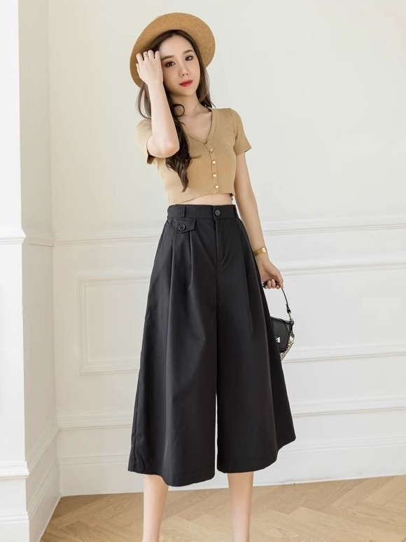 Temperament loose black cropped pants for women summer new Korean style outer wear high waist slim casual pants skirt