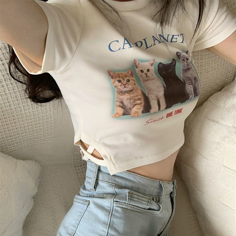 夏季猫咪印花修身正肩T恤短袖女设计感小众露脐bm风短款上衣ins潮