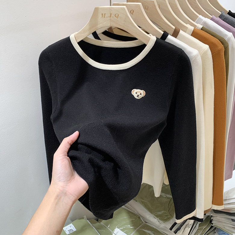 Milk fufu German velvet thickened T-shirt bottoming shirt for women with bear embroidery autumn and winter new round neck with brushed top