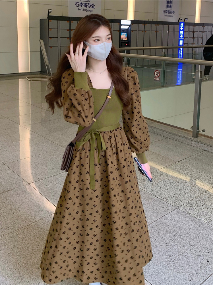 港味復古假兩件碎花連衣裙大碼早秋季新款法式收腰小個子中長裙