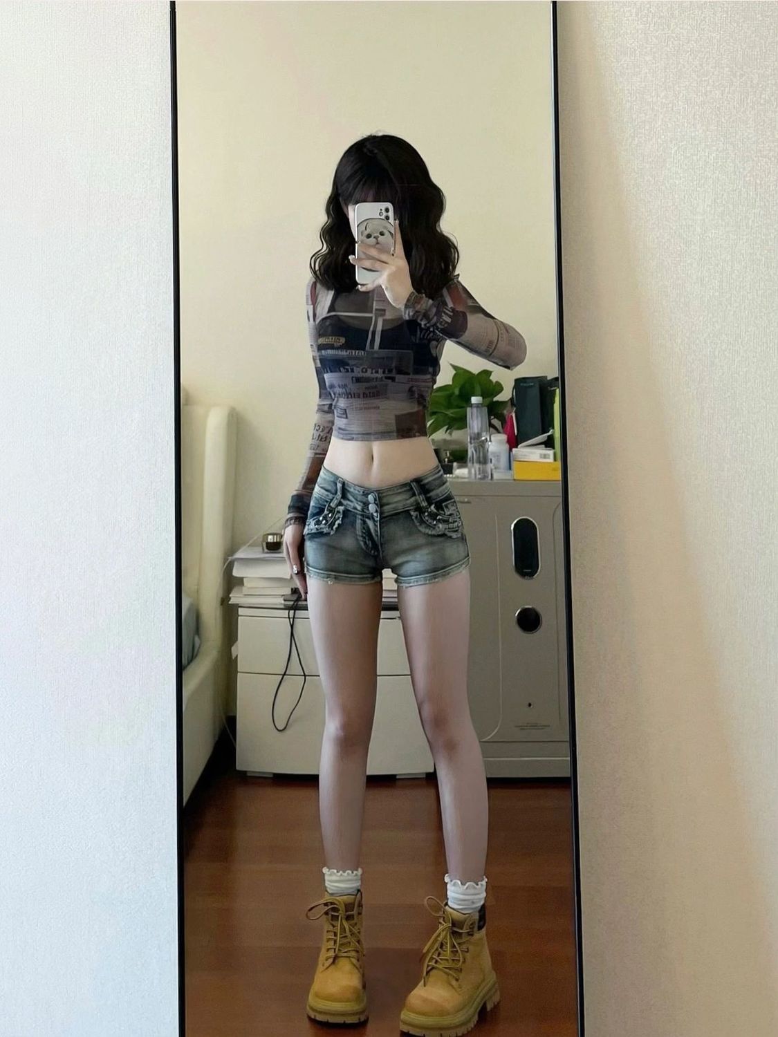 套裝女2023夏新款美式復古辣妹短款網紗印花t恤上衣低腰牛仔短褲